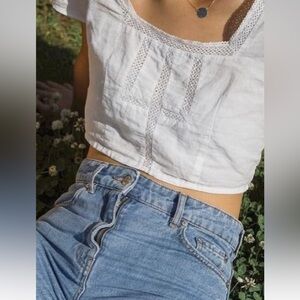 NWT Zara Cropped Linen Lace Button Back Blouse L